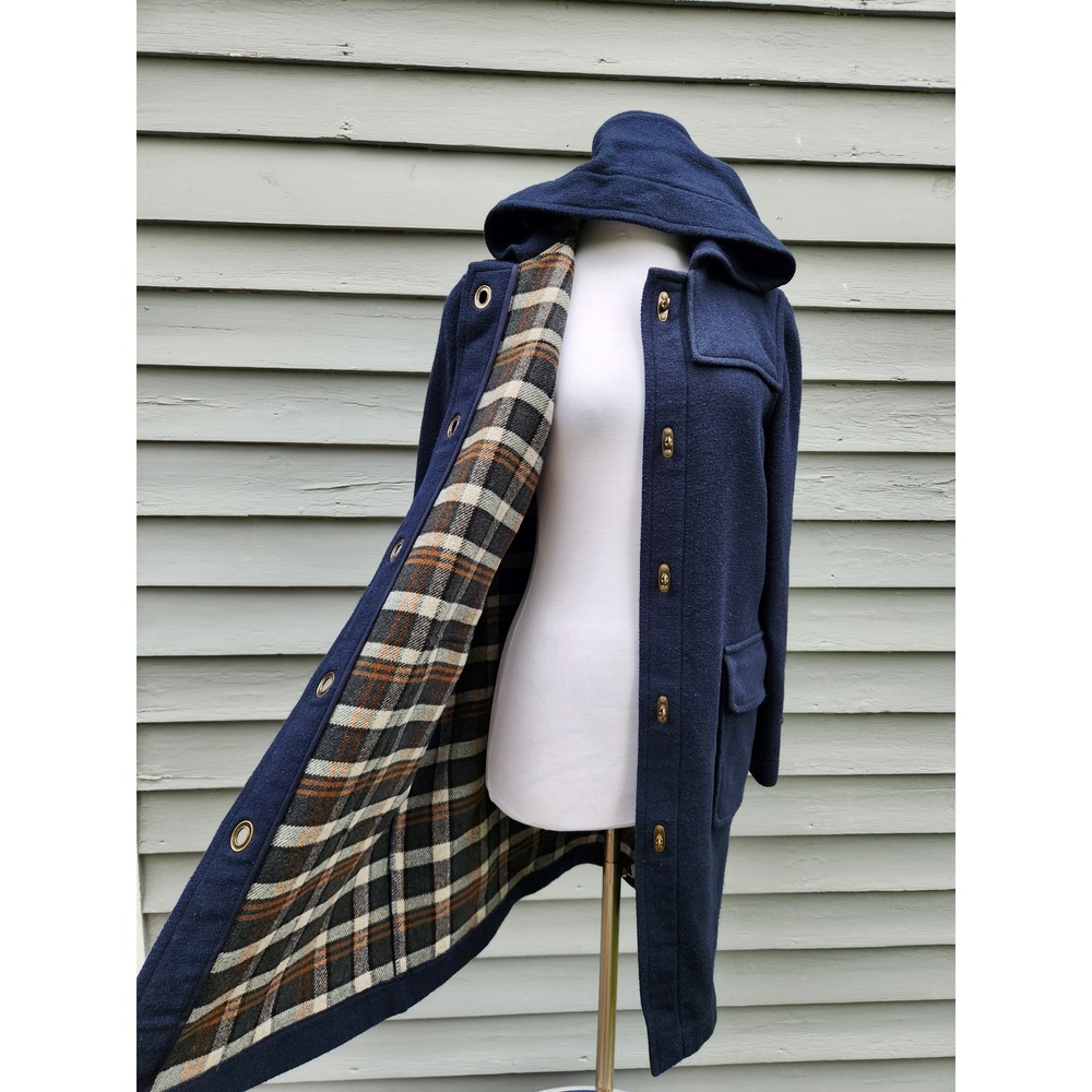 Vintage 2001 Old Navy Duffle Coat Navy Blue Plaid Lined Hooded Medium